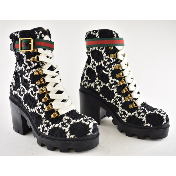 Gucci Black White GG Logo Tweed Lace Up Tie Block Heel Lug Sole Combat Boot 36.5 - Picture 6 of 16